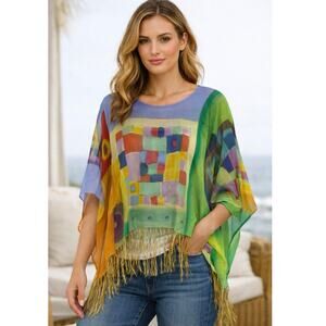 Sheer Colorful Boho Poncho Top Fringe Hem Festival Beach Cover Up